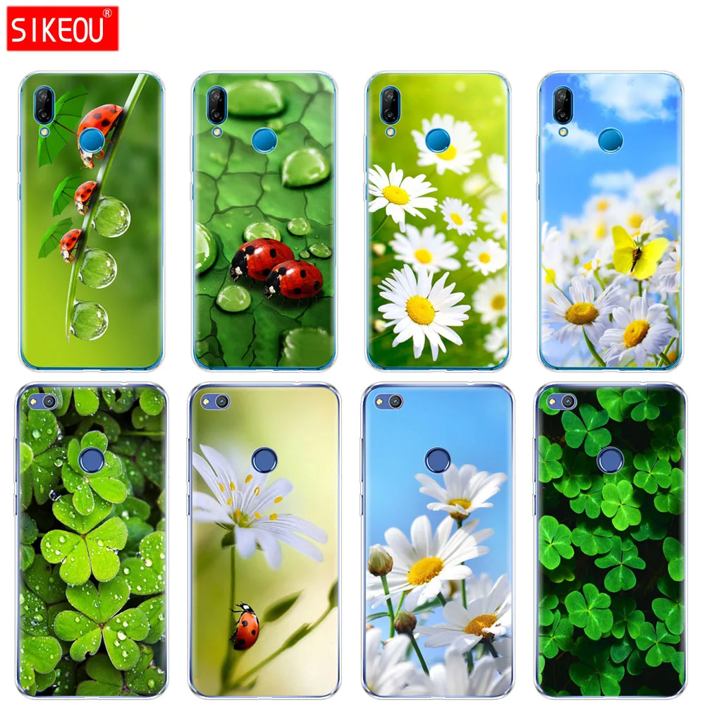 

Silicone Cover Phone Case For Huawei P20 P7 P8 P9 P10 Lite Plus Pro 2017 p smart 2018 four leaf ladybug daisy