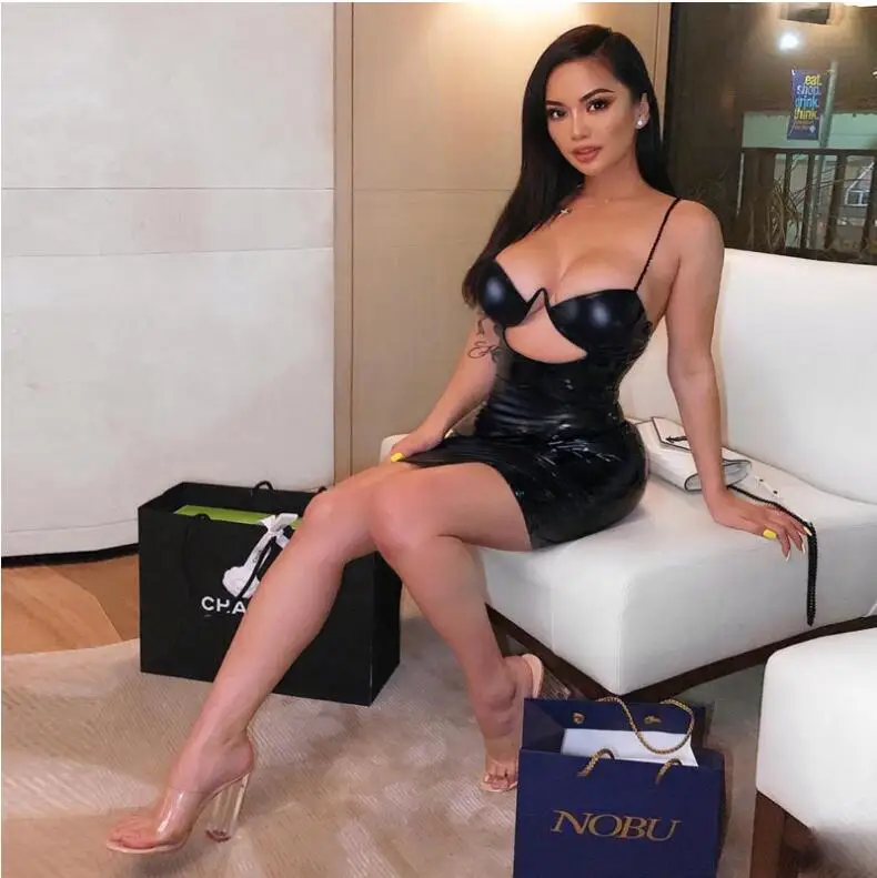

PU spaghetti straps V-neck hollow out sexy dress high waist slim black solid 2019 summer women new fashion party dresse