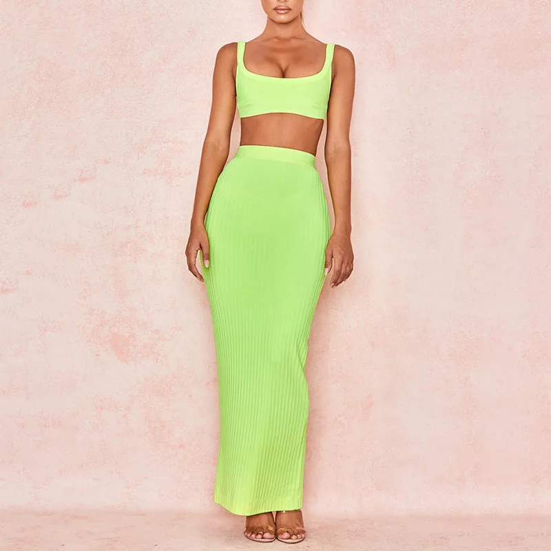 Неоновое зеленое двухкомпонентное женское новейшее поступление по щиколотку высококачественное Бандажное платье - Цвет: Neon Green