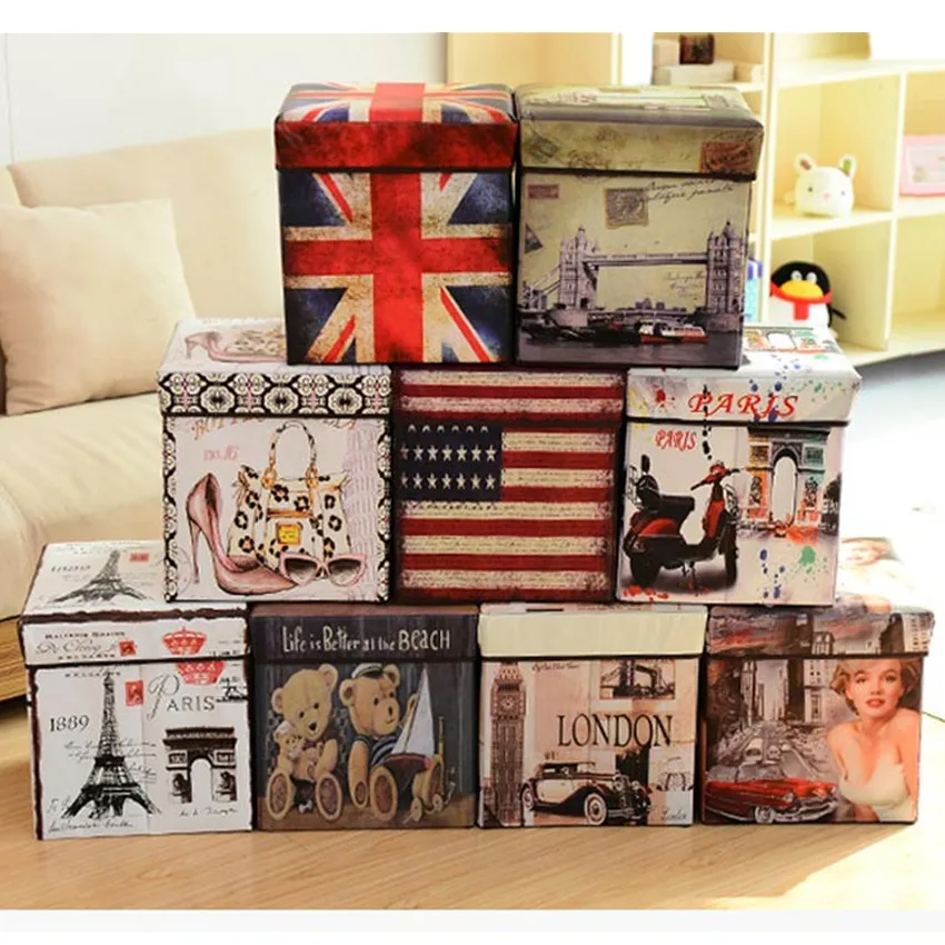 

Waterproof Vintage Printed Foldable Storage Stool Box Multi-Function Large Capacity Folding Stool Shoes Taburete Home Organizer