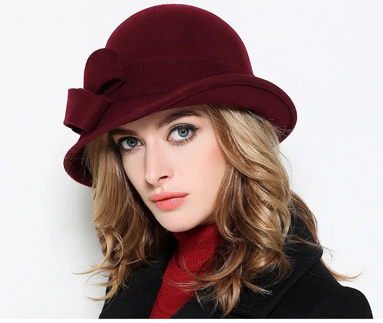 Women Party Formal Headwear Lady Winter Fashion Asymmetric Bowknot 100% Wool Felt Hats straw bucket hat