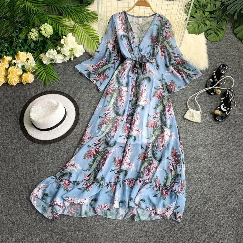 

Holiday Chic Chiffon Floral Dress Women Blue Romantic Sweet Flower Printed Flare Sleeve Lace Up Travel Swing Summer Midi Dresses