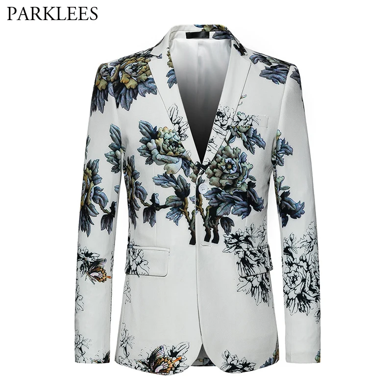 

Fashion White Floral Print Suit Blazer Men 2019 Luxury Brand Mens Blazer Jacket Casual Wedding Party Stage Singer Costume Homme