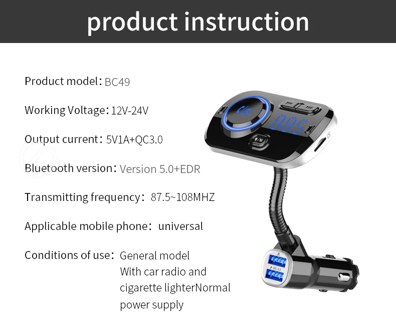 JINSERTA Bluetooth V5.0 Wireless FM Modulator Connect 2 Phones Car MP3 Player 3.5mm AUX play Support TF USB Pendrive Music QC3.0