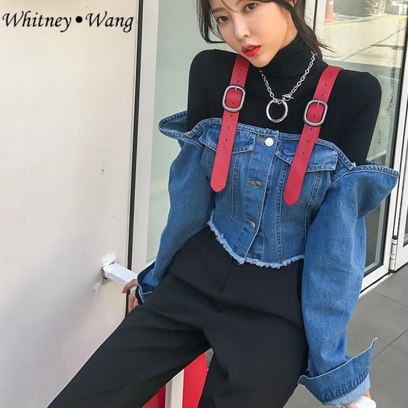 

WHITNEY WANG 2018 Autumn Fashion Streetwear Sexy Slash neck Colors Contrast Bandage Strap Denim Jacket Women Jean Coat WW-2664