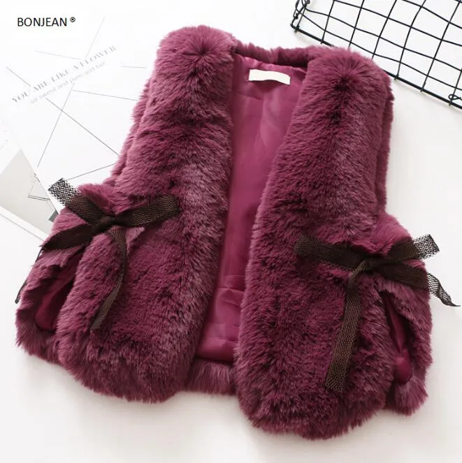 

101 2017 New Autumn Fashion Girl Vest Faux Fur Bow Lace Girl Waistcoat O-Neck Girl Coat Children's Clothes Lolita Girls Clothes