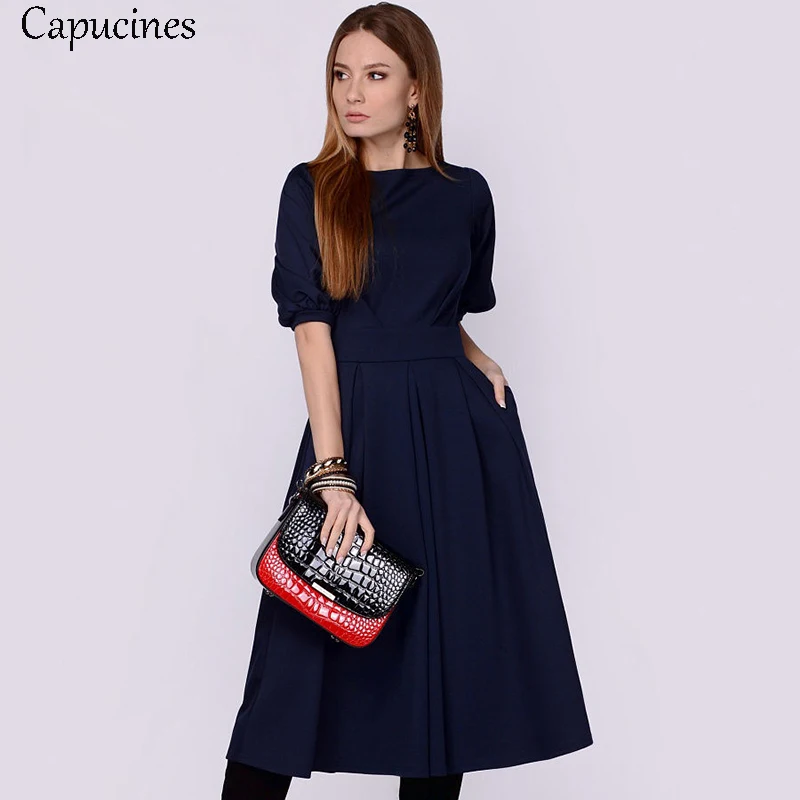 Summer Women Pockets Lantern Sleeve Casual Dress Solid Short Sleeves O-Neck A-Line Female Elegant Vintage Party Dresses