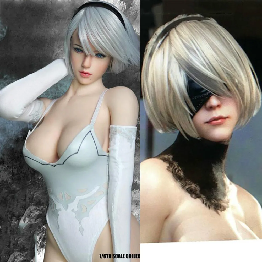 

1/6 Scale Female 2B Head Sculpt 1:6 super duck PS4 NieR Automata head PC Girl Head Sculpt 12'' Figure short white Painted Head