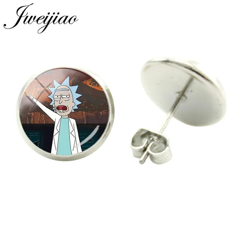 

JWEIJIAO Popular TV Rick And Morty Round Stud Earrings Glass Cabochon Dome Photo Earring Ear Studs Stainless Steel Jewelry QF430