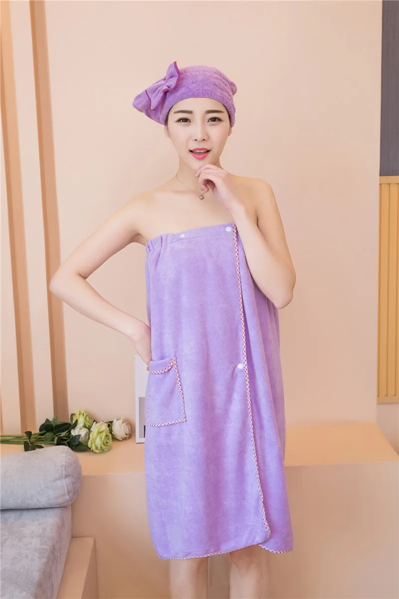 XC USHIO 1 set Magic Soft Wearable Woman Bath Towel With Hair Towel & Pocket & Button & Waist Design Fashion Bath Skirt GF Gift (15)