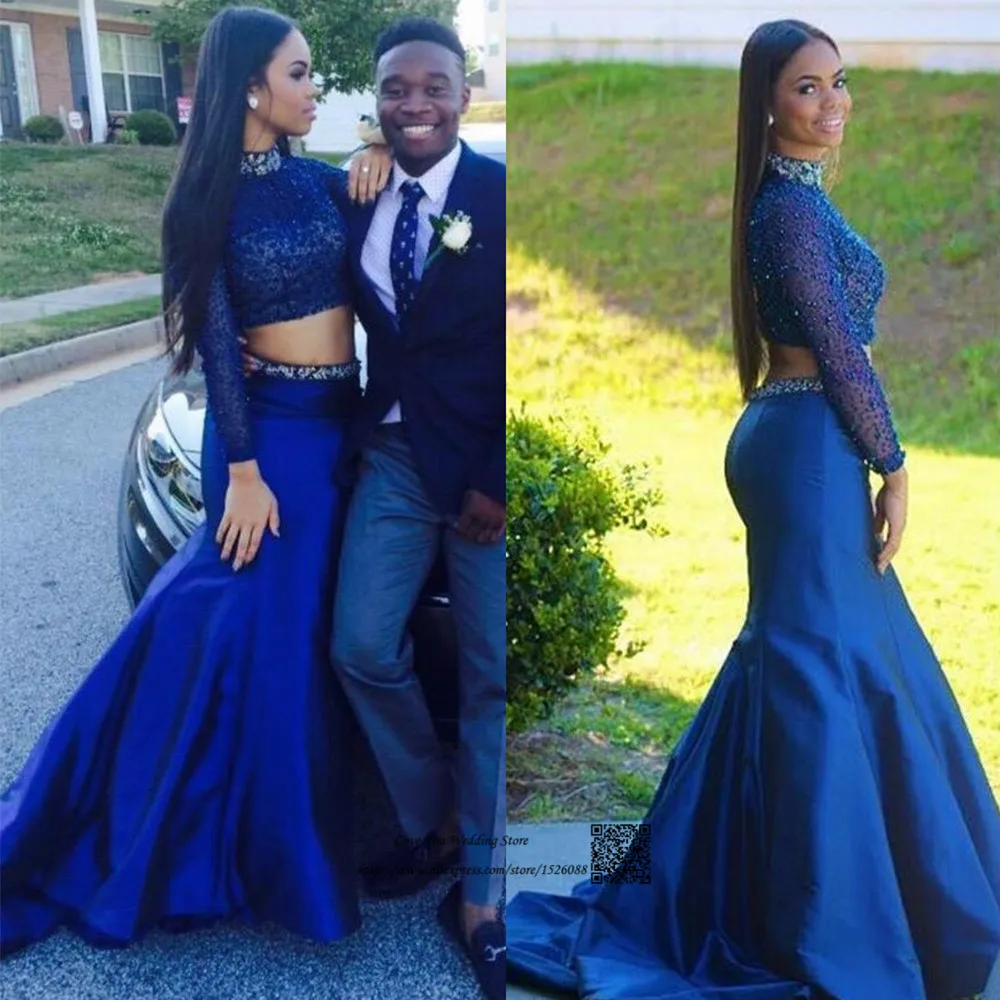 Formal Black Royal Blue Long Sleeve Evening Dress Mermaid Bead Two