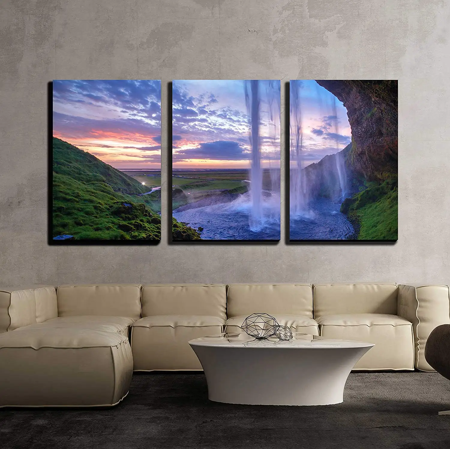 3 Panel Unframed Canvas Wall Art Seljalandfoss Waterfall at Sunset