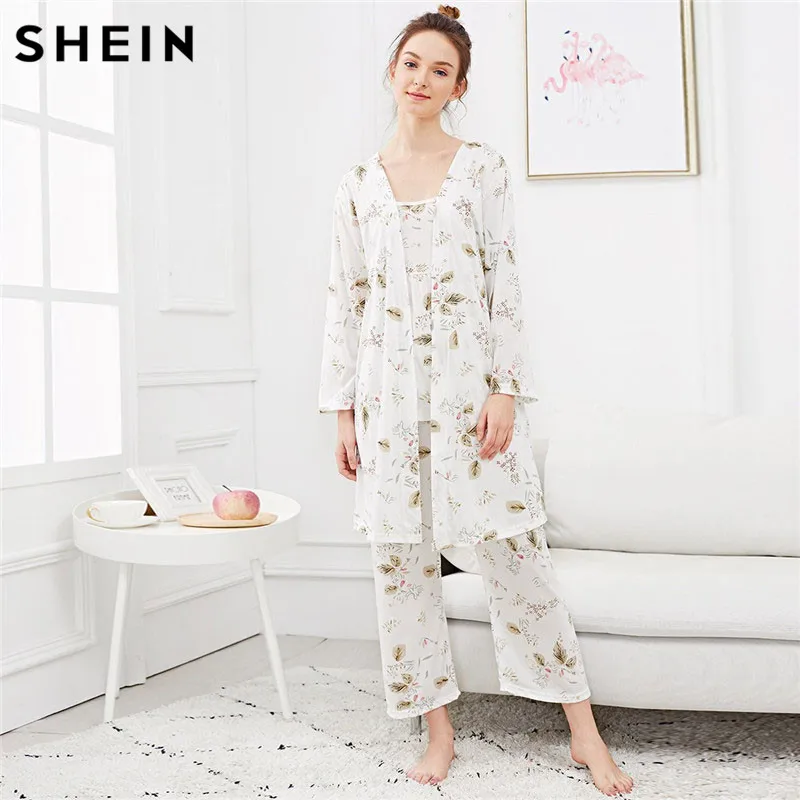 Aliexpress.com : Buy SHEIN White Leaf Print Cami Pajama Set With Robe ...