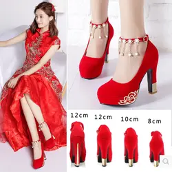 Свадебные туфли, женские красные непромокаемые свадебные туфли на платформе и высоком каблуке с круглым носком, зимние тонкие туфли