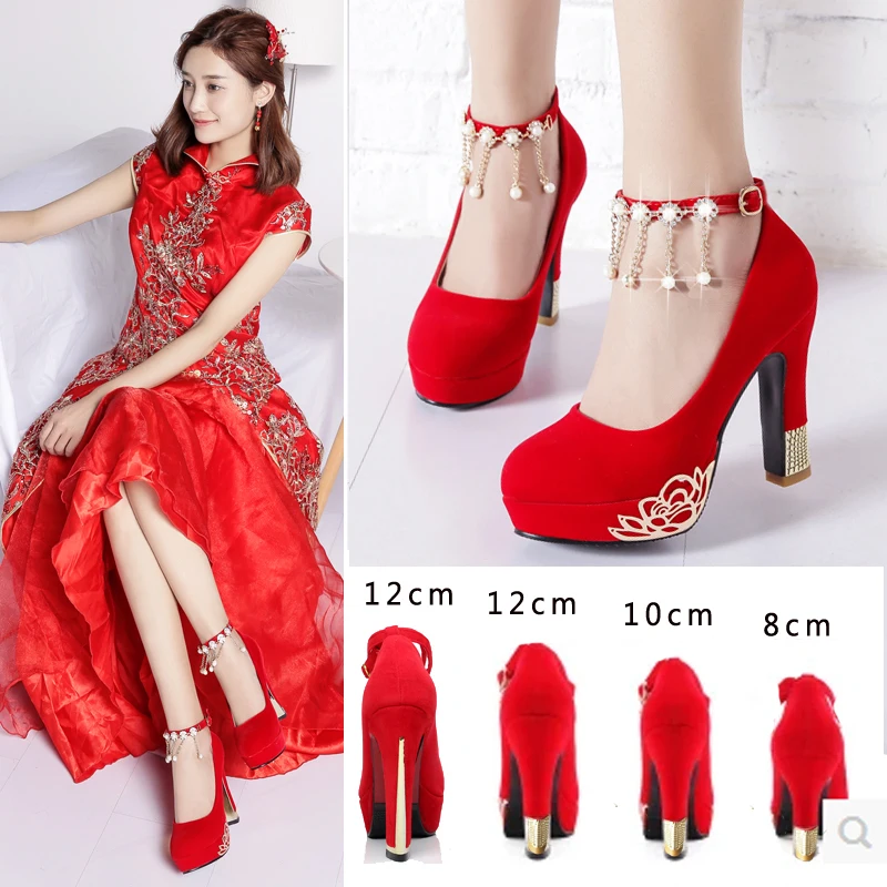 

Wedding Shoes Female Thick With Round Head Red High Heels Waterproof Platform Wedding Bridal Shoes Toast Winter Single Shoes