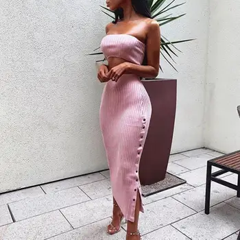 

Off Shoulder Bodycon Autumn Winter Dress Women Two Piece Knitted Buttons Split High Waist Christmas Dress Vestidos