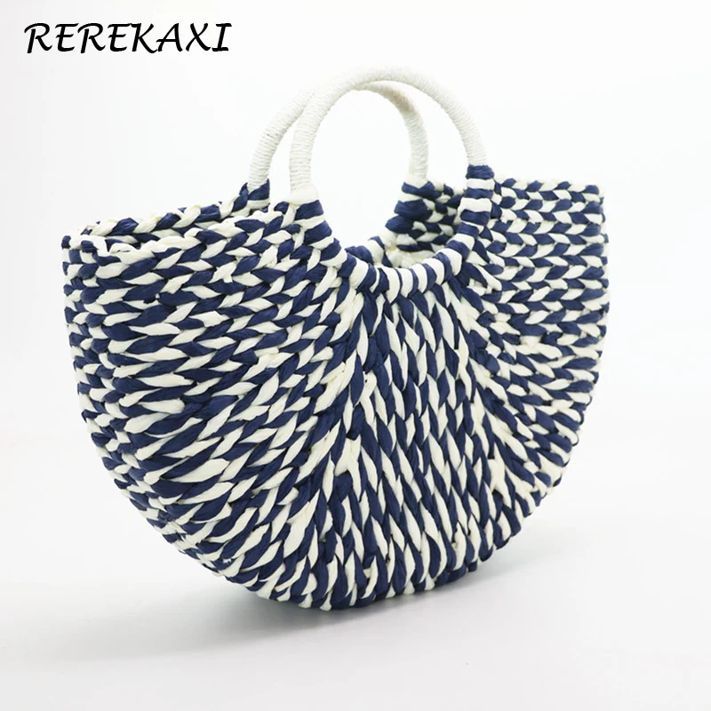 

REREKAXI Rope Woven Women's Handbag Handmade Female Beach Bag Half Moon Summer Straw bags Bohemian Tote Round Wood Handle Basket
