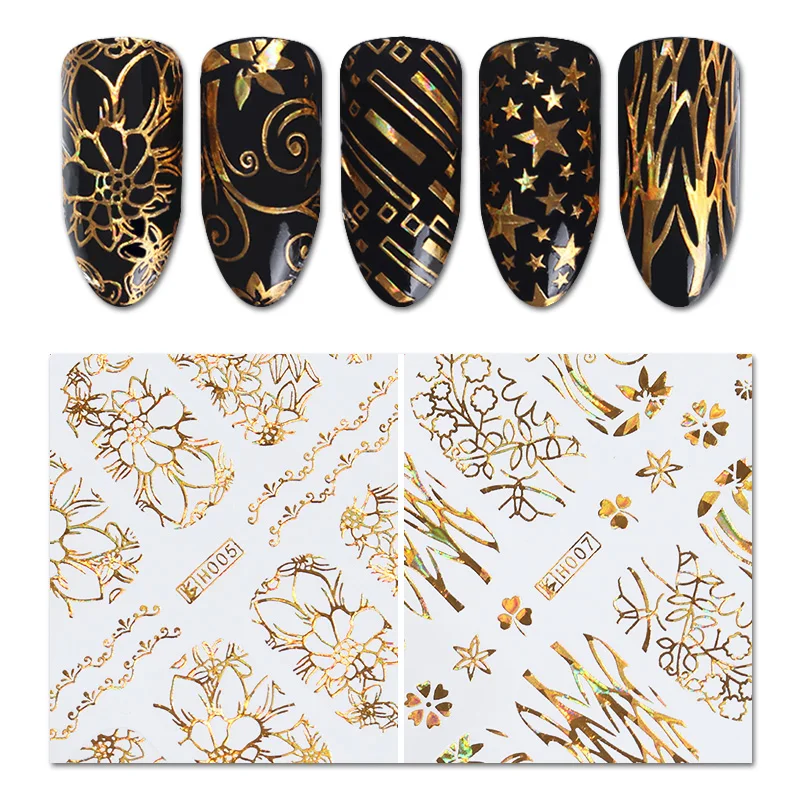 

Gold Flower Holographic Adhesive Nail Wrap Laser Full 3D Nail Sticker Leaf Star Circle Pattern Manicure Decorations