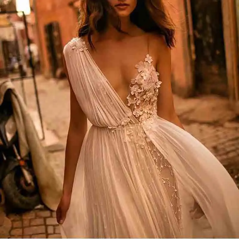 LORIE Princess Wedding Dress V Neck Appliqued with Flowers A-Line Side Split Bride Dress Backless Boho Wedding Gown