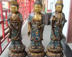Тибет Бронзовый перегородчатой трех святых Запада Шакьямуни kwan-Инь ваза статуя