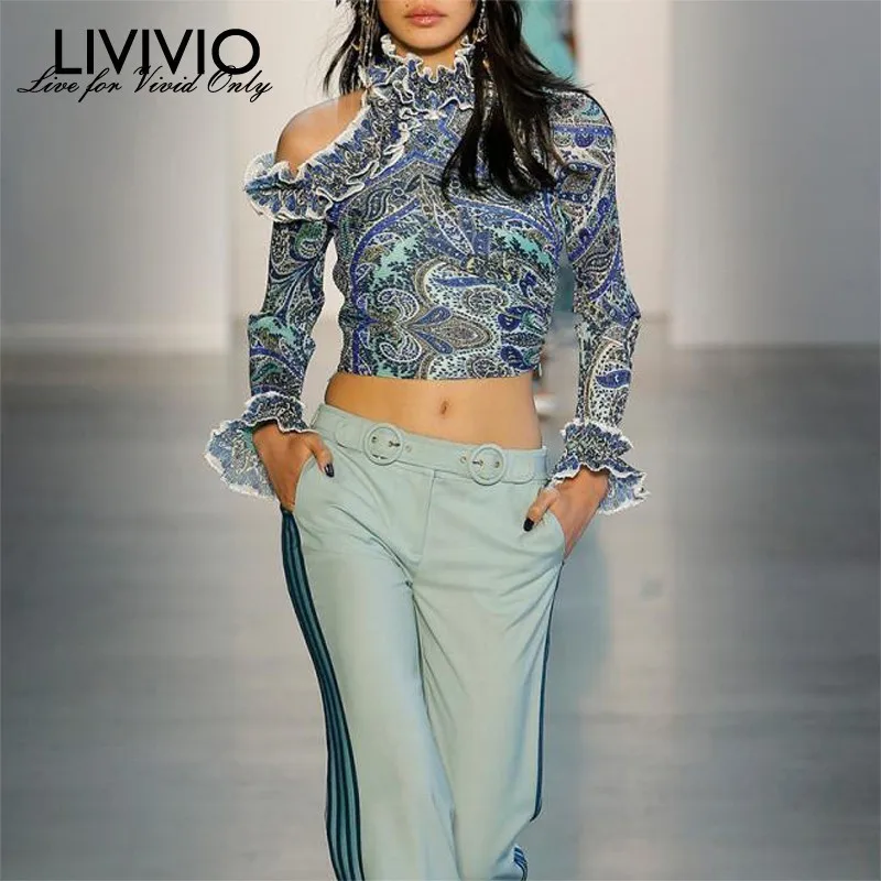 

[LIVIVIO] Vintage Print Women Blouse Stand Collar Long Sleeve Off Shoulder Ruffles Crop Tops Shirt Female Fashion Summer 2019