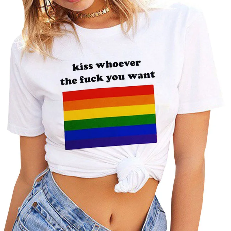 От DHL 45 шт. Kiss кем хотите Радужный Флаг ЛГБТ слоган гей лесби гордость футболка, Т-футболка Для женщин унисекс Для мужчин женский спортивный для бега футболка - Цвет: Белый