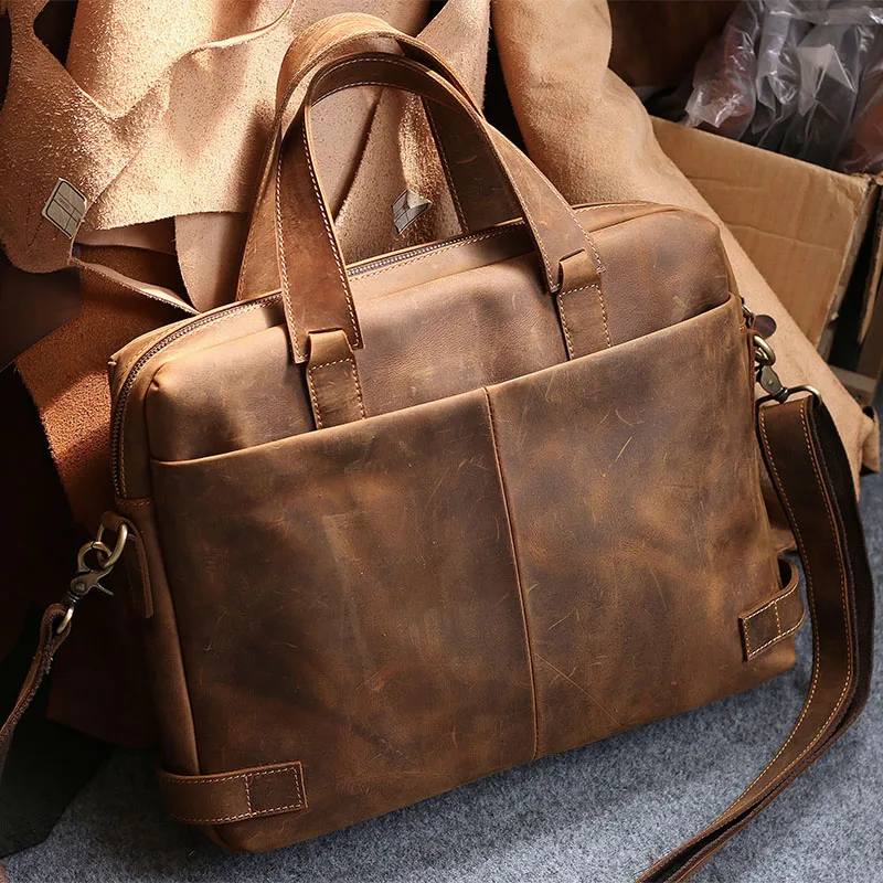 

Luxury Brand Designer Natural Crazy Horse Leather Men Handbags Perfect Quality 14" Laoptop Bag Vintage Genuine Leather Briefcase