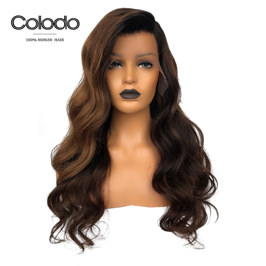 

COLODO Brown Ombre Human Hair Wig Remy Brazilian Preplucked Lace Wig For Black Women Highlight Lace Front Wig With Baby Hair