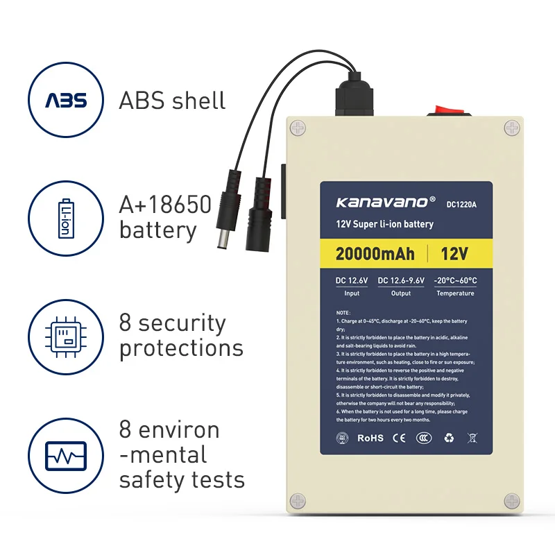 Kanavano портативная пластина 12V 20AH перезаряжаемая литиевая батарея 18650 и AC 12 6 V 2A