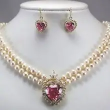 Свадьба 2 ряда(ов) белого жемчужное ожерелье+ в форме сердца розовый циркон серьги кварцевый женщины