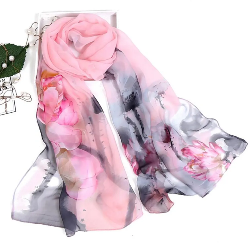Осенний женский шелковый шарф, шарф, Женский цветочный принт лотоса, Длинный мягкий шарф, шарф, Женская шаль, вуаль, хиджаб, шаль
