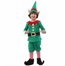 Детский Рождественский костюм эльфа, костюм помощника Санты для мальчиков, красное и зеленое платье эльфа с ушками, Детский новогодний
