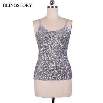 

BLINGSTORY Europe Summer Tee spaghetti strap nightclub tank tops Silver Sequin top camiseta lentejuelas mujer Drop-shipping