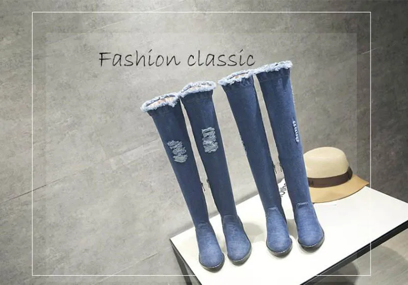 Fashion Women Knee-high Long Boots Slim Showing Med Heel Spring Autumn Shoes Slip-on Leisure Casual Boots Plus Size 33-43 Blue (21)