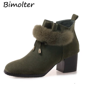 

Bimolter New Winter Warm Short Snow Boots Rabbit Fur Women Ankle Boots Zipper High Heels Female Casual Comfortable Shoes PAEA072