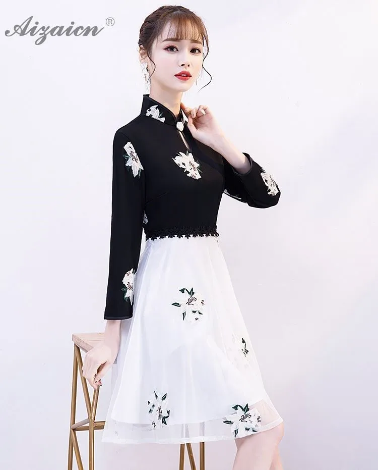 Новый вышивка Cheongsam современный Chinoise черный, белый цвет мини платья Qi Pao для женщин китайское традиционное платье модное вечернее платье
