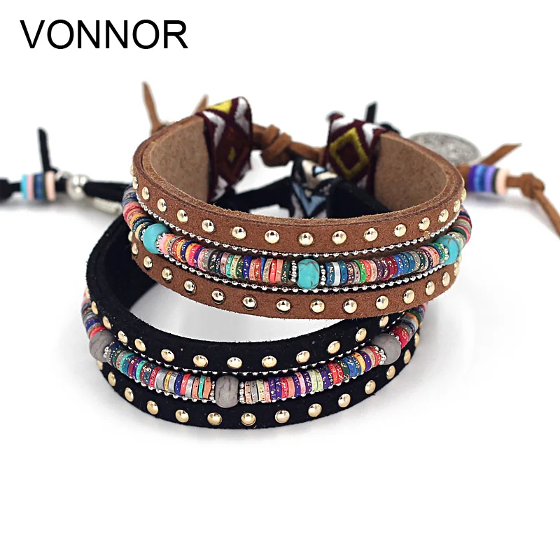 

VONNOR Leather Bracelets Handmade Jewelry Bohemian Style Beaded Strand Bracelet Black Brown Ribbon Bracelets for Women
