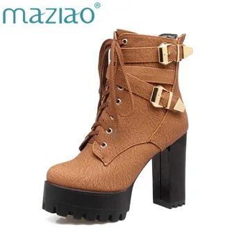 

MAZIAO Plus Size 33-48 Square High Heels Women Shoes Woman Fashion Platform Buckles Black Party Winter Ankle Boots Add Fur