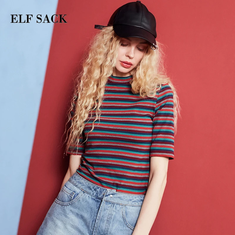 ELF SACK Autumn New Woman Sweater Casual Hand Knitted O-Neck Short Woman Sweater Striped Femme Female Woman Pullovers Clothes Sweaters