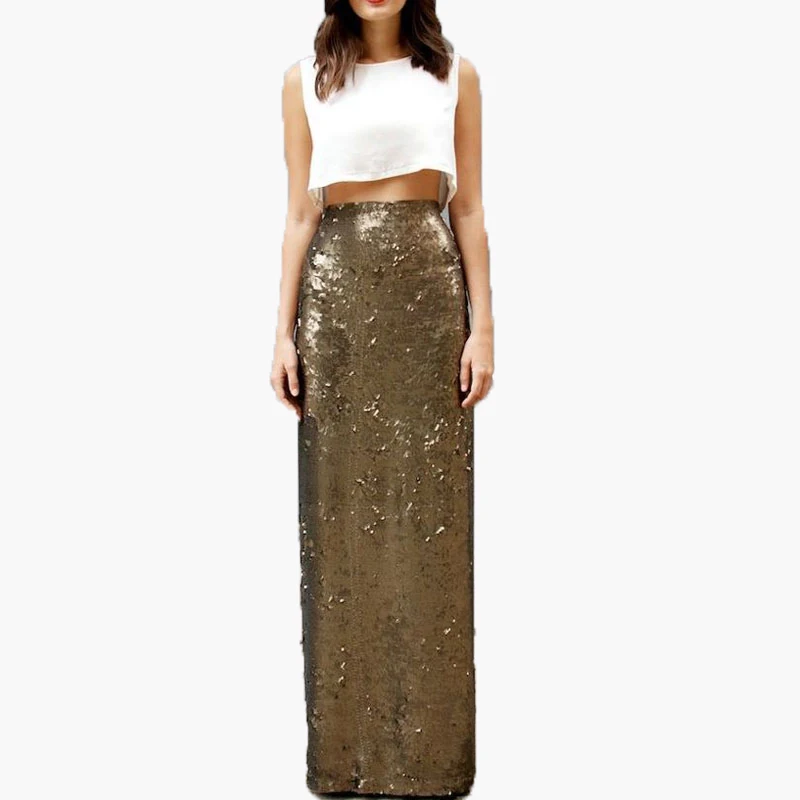 

2016 Straight Long Sequins Skirts For Women Custom Made High Waist Floor Length Evening Party Skirts Maxi faldas