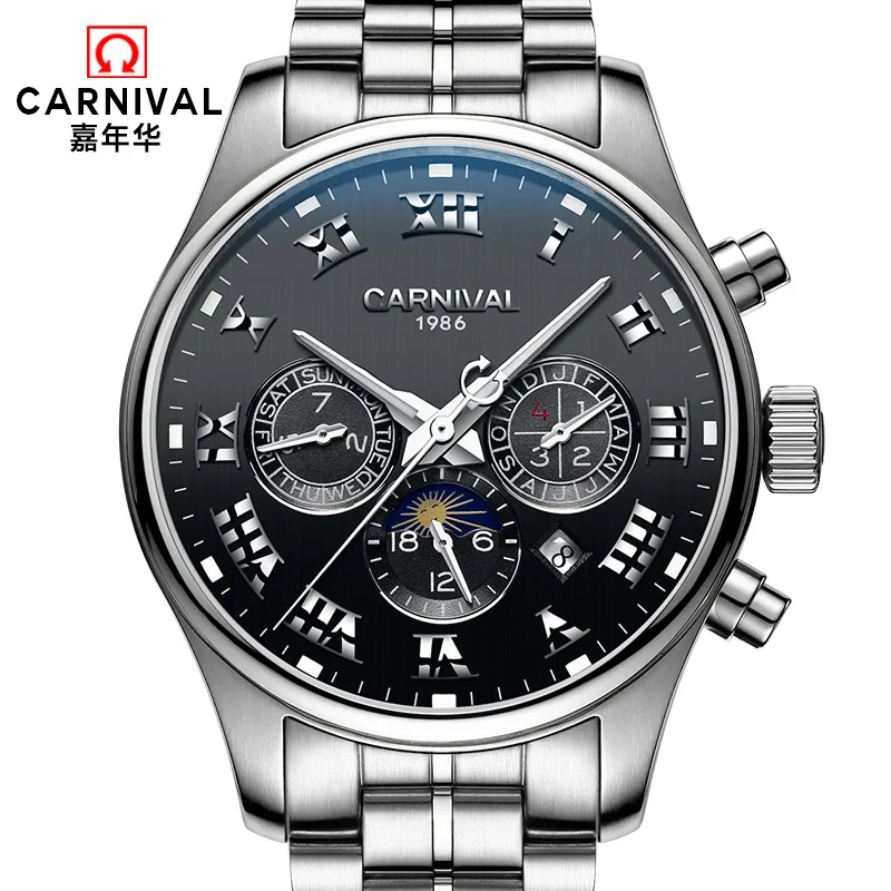 Carnival Watches Men Svizzera Luxury Brand Moon Phase Automatic Mechanical Men Watch Full Steel Multifunzione Waterproof 2023
