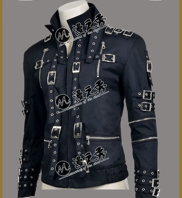 Rare MJ Michael Jackson Punk Rock Style BAD Tour Black Cotton & Leather Rivet Slim Zipper Jacket Outwear