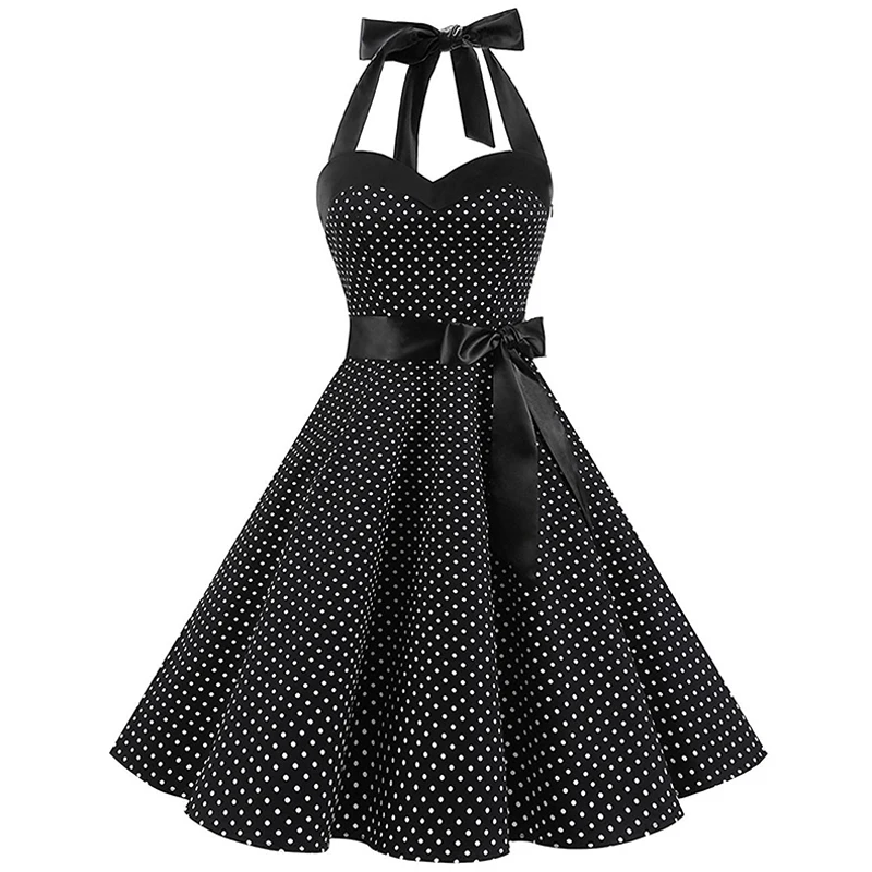 Kostlich Summer Dot Dress Sexy Halter Backless Women Vintage Dress Swing Elegant Party Dresses Plus Size Sashes With Bow Tie (9)