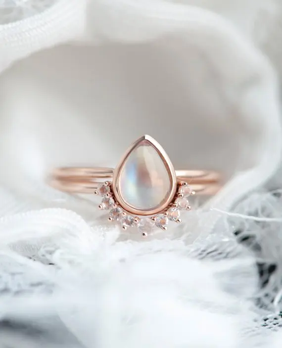 

MYRAY Moonstone Engagement Ring Set Quartz Wedding Band Solid 14k Rose Gold Bridal Sets Anniversary Gift Women Natural White