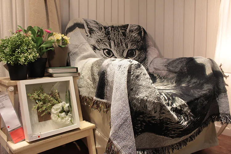 Милый кот собака вязаный хлопок диван одеяло бросает декоративный чехол на диван/кровать путешествия пледы диван кровать крышка гобелен
