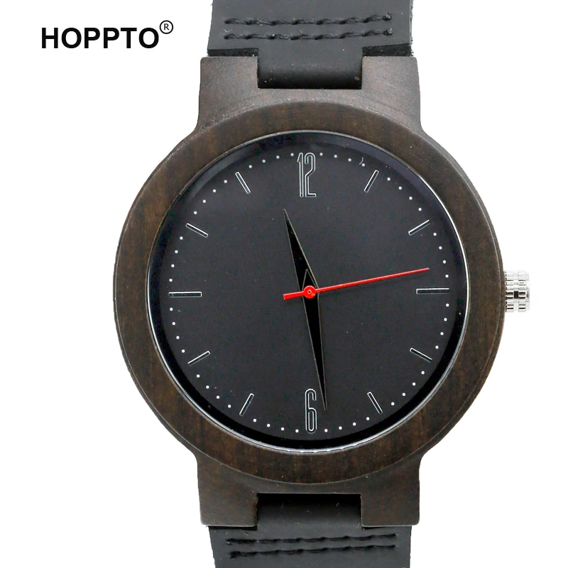 

HOPPTO Brand Hand Made Bamboo Wood Unisex Fashion Silver Scale Genuine Leather Mens Wooden Quartz Watch Made by Black Sandalwood