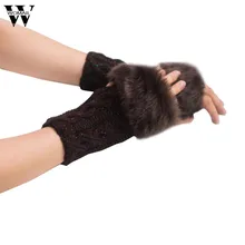 Для женщин девочек Теплая зима искусственного меха кролика наручные перчатки без пальцев Варежки