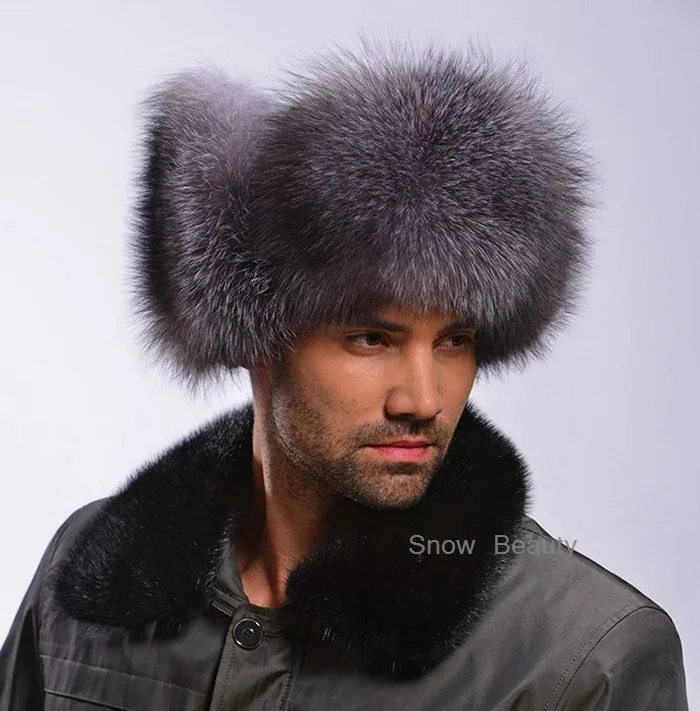 Модные роскошные мужские шапки из натурального меха лисы, шапка из натуральной кожи, Зимние головные уборы для джентльменов, шапка из меха серебристой лисы