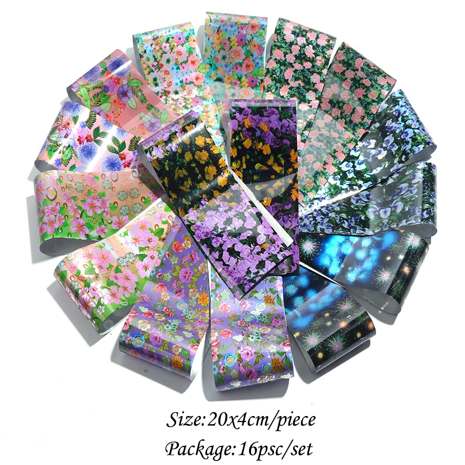16pcs Colorful Flowers Nail Foils Stickers Adhesive Holographic Transfer Starry Paper Decals Summer Floral Wraps Decor Tip LA795 (5)