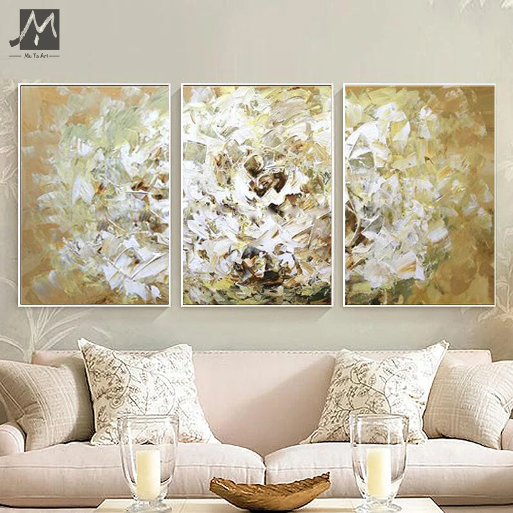 2018 New triptych painting decorative canvas painting golden flower acrylic modern abstract oil